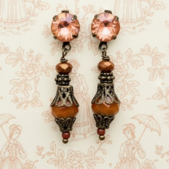Victorian Jewelry - Victorian Rustic Autumn's Pumpkin Orange Crystal & Glass In Brass Earrings